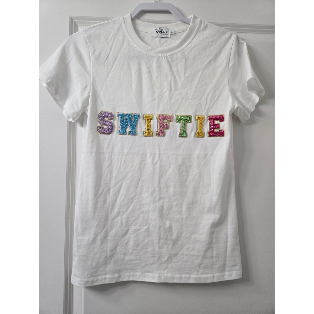 Lola + The Boys Swiftie Rhinestone Patch White Cotton T-Shirt Size S